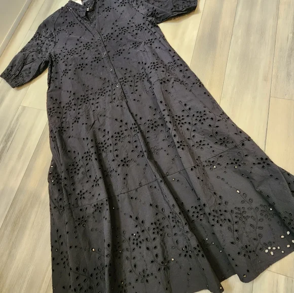 Ted Baker midi dress women's 4 black 100% cotton broderie relaxed fit new $395 - Picture 2 of 14